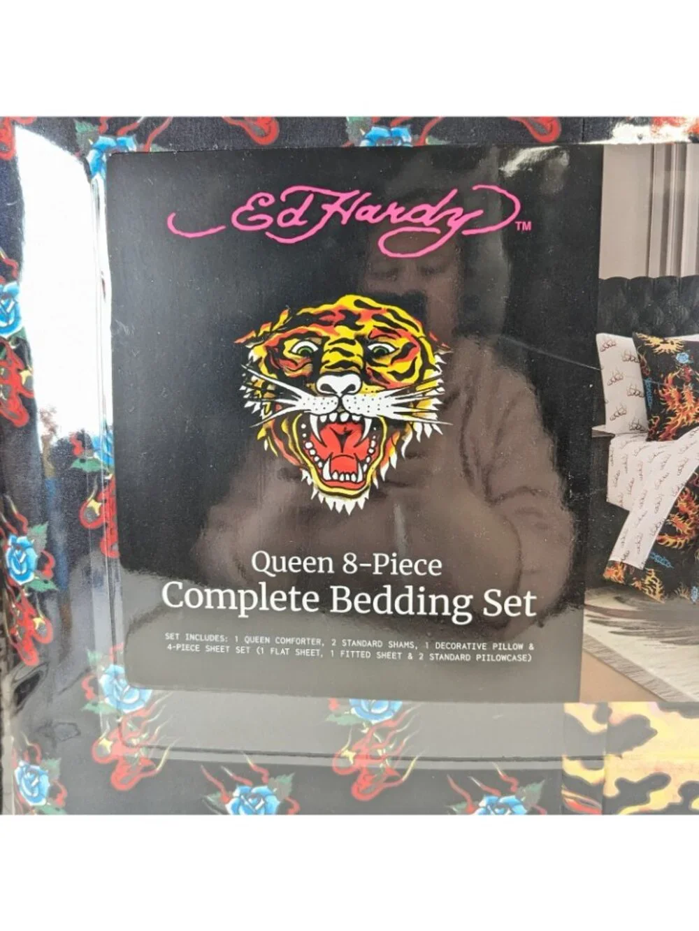Ed Hardy Queen Comforter Set Shams Pillow Sheets w Black Roses Flames Black